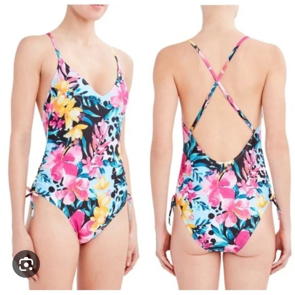BCBG Paris Floral One Piece Swimsuit Size XL Tropical V-Neck Ruched Sides